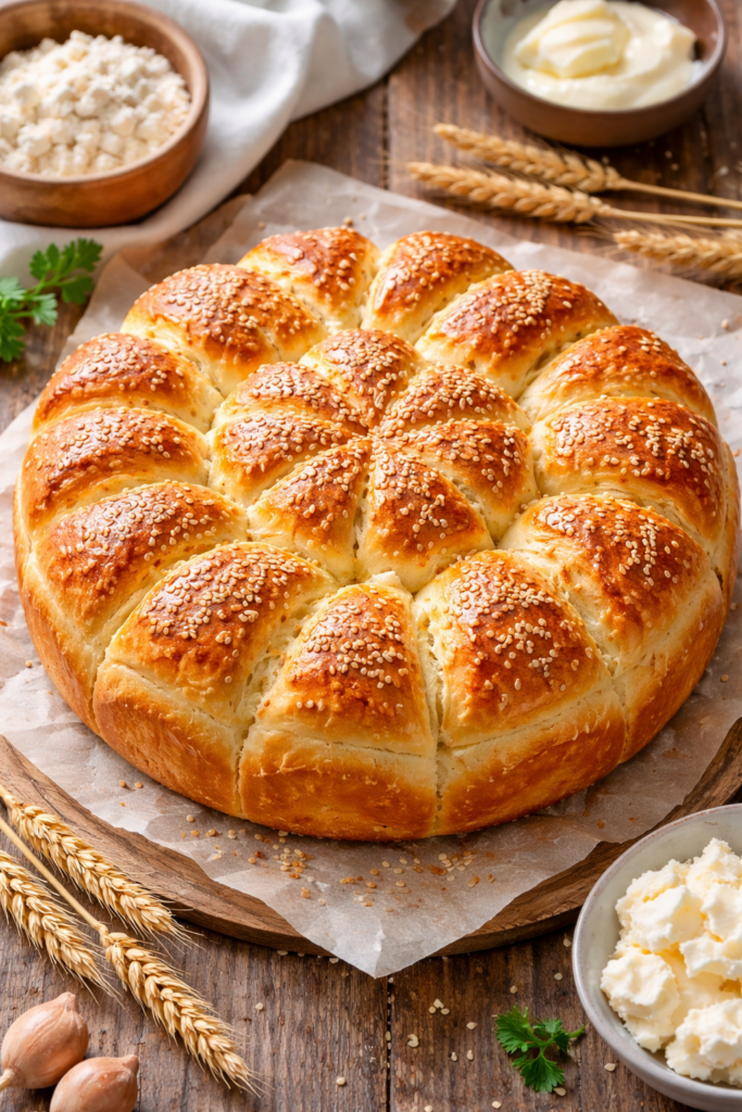 Zlatno smeđa pogača sa susamom, isečena na delove, na drvenoj dasci.