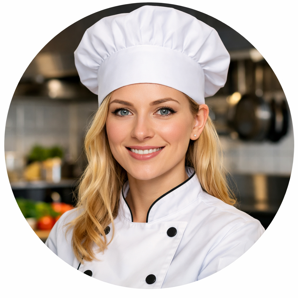 Kuvanje u kuhinji, žena sa belim kuvarskim šeširom i uniformom, osmeh.