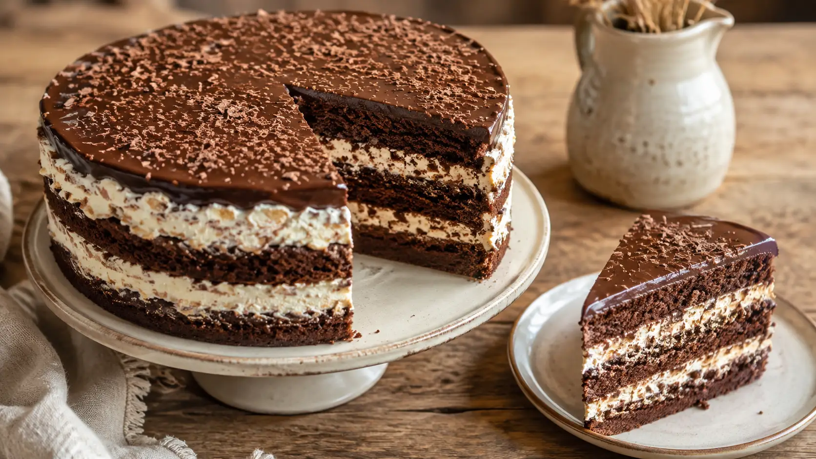 Čokoladna torta sa presečenim parčetom na tanjiru