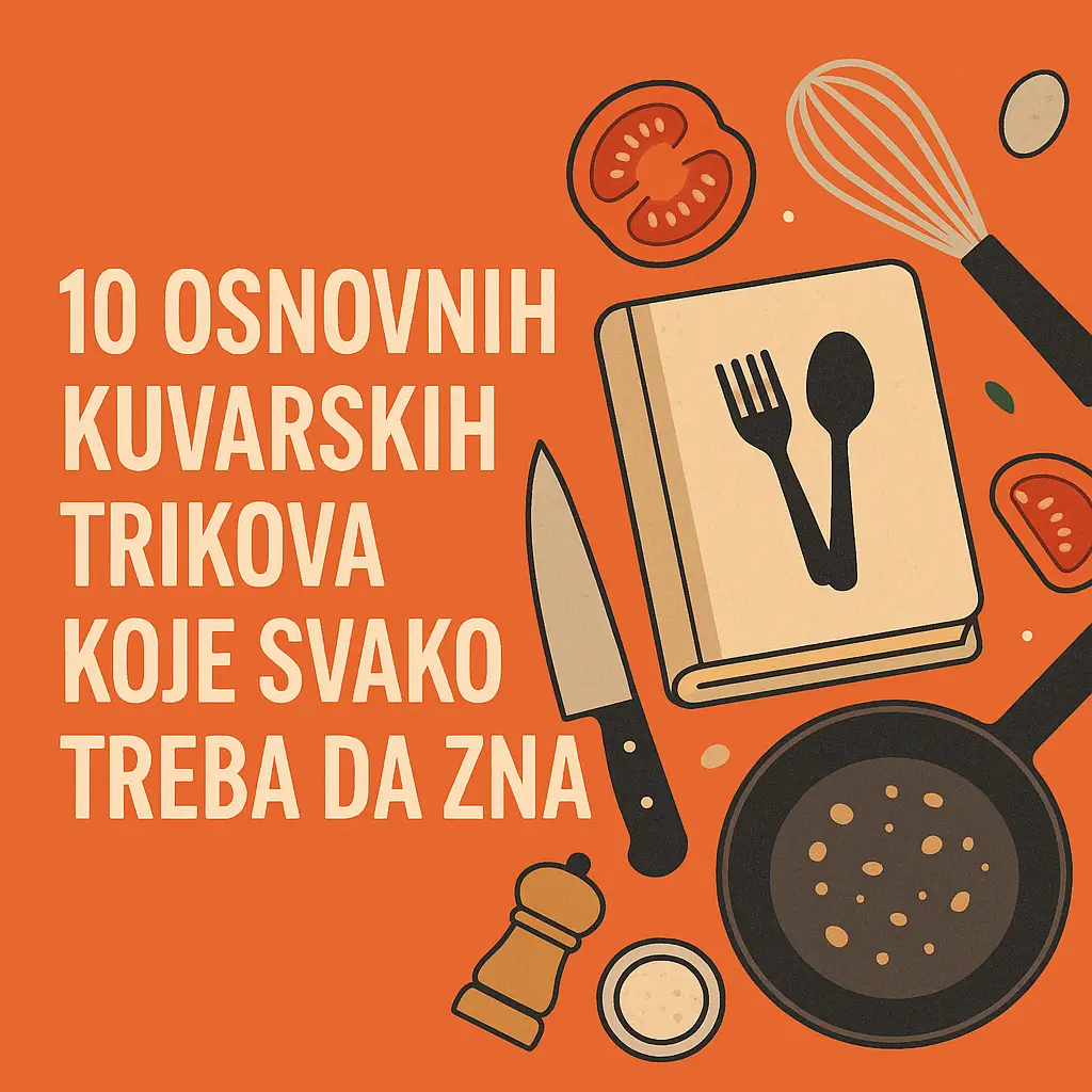 Naslov sa kuhinjskim priborom i povrćem na narandžastoj pozadini